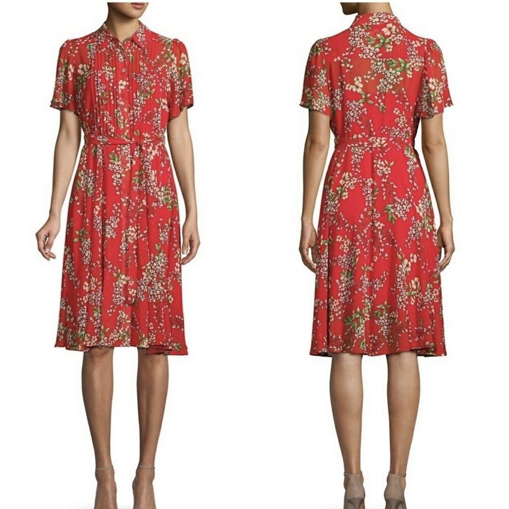 Nanette Lepore Red Floral Shirt Dress Belted Size 6